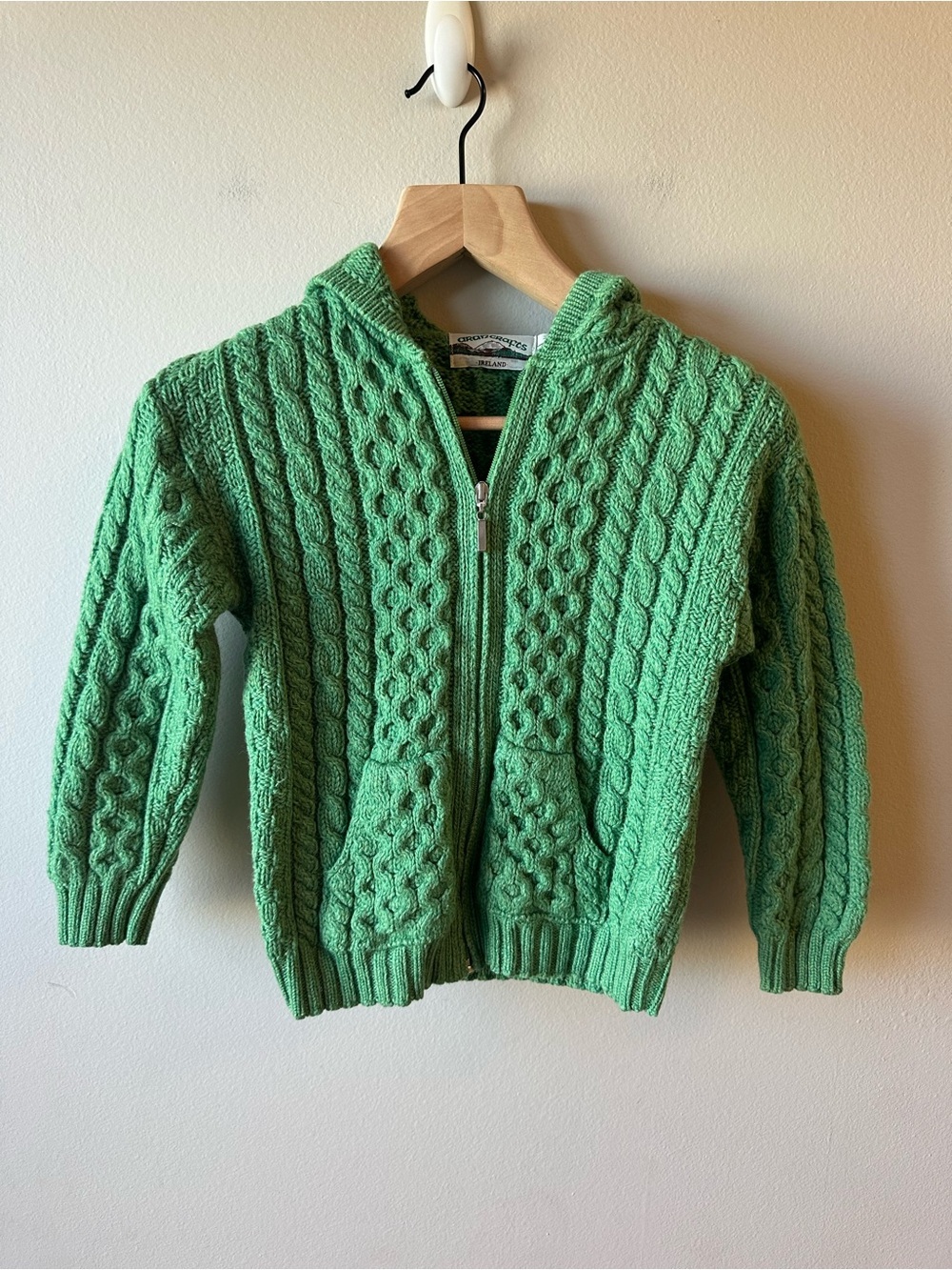 Girls Aran Green Cable-Knit Hooded Zip Sweater